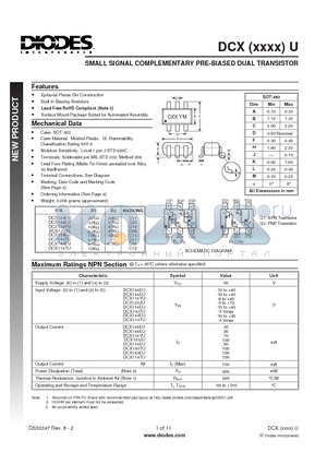 DCX114YU-7-F datasheet - SMALL SIGNAL COMPLEMENTARY PRE-BIASED DUAL TRANSISTOR