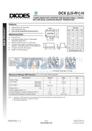 DCX122TH-7 datasheet - COMPLEMENTARY NPN/PNP PRE-BIASED SMALL SIGNAL SOT-563 DUAL SURFACE MOUNT TRANSISTOR