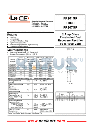 FR204GP datasheet - 2Amp Glass Passivated Fast Recovery Rectifier 50 to 1000 volts