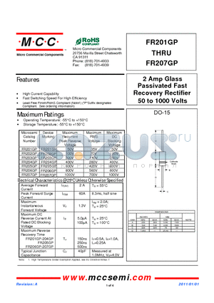 FR204GP datasheet - 2 Amp Glass Passivated Fast Recovery Rectifier 50 to 1000 Volts
