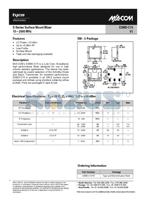 ESMD-C15TR datasheet - E-Series Surface Mount Mixer 10 - 2000 MHz