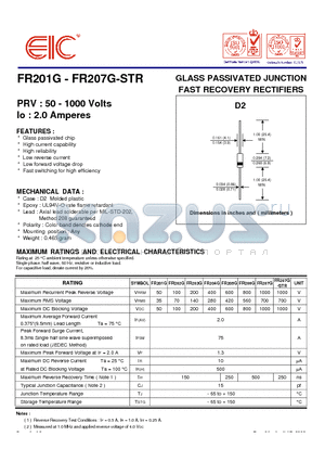 FR206G datasheet - GLASS PASSIVATED JUNCTION FAST RECOVERY RECTIFIERS