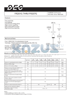 FR206G datasheet - CURRENT 2.0 Amperes VOLTAGE 50 to 1000 Volts
