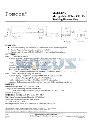 4996 datasheet - Maxigrabber Test Clip To Stacking Banana Plug