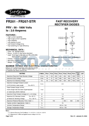 FR207-STR datasheet - FAST RECOVERY RECTIFIER DIODES
