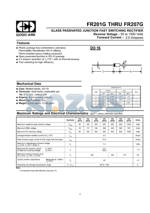 FR207G datasheet - GLASS PASSIVATED JUNCTION FAST SWITCHING RECTIFIER