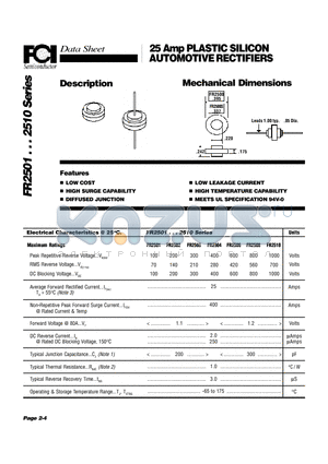 FR2501 datasheet - 25 Amp PLASTIC SILICON AUTOMOTIVE RECTIFIERS