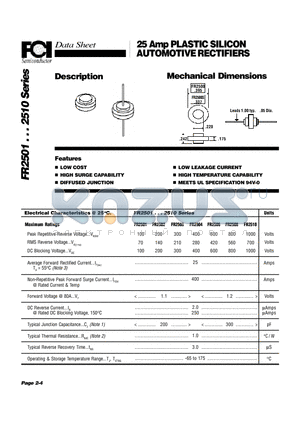 FR2502 datasheet - 25 Amp PLASTIC SILICON AUTOMOTIVE RECTIFIERS