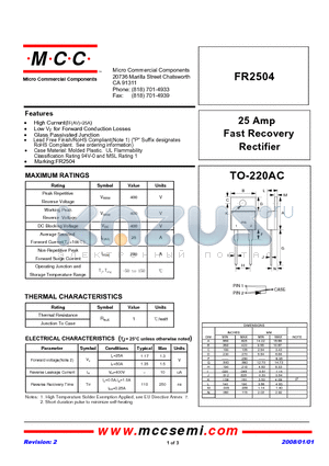 FR2504 datasheet - 25 Amp Fast Recovery Rectifier
