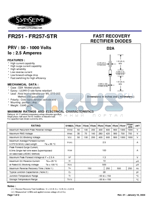 FR251 datasheet - FAST RECOVERY RECTIFIER DIODES