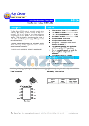 B3800 datasheet - Switching Regulator Controller  Step Up Low Voltage (BIPOLAR)