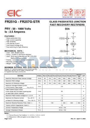 FR254G datasheet - GLASS PASSIVATED JUNCTION FAST RECOVERY RECTIFIERS