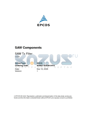 B3836 datasheet - SAW Components Low-Loss Filter for Mobile Communication 815.50 MHz