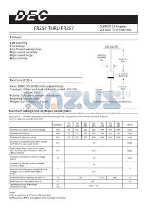FR257 datasheet - CURRENT 2.5 Amperes VOLTAGE 50 to 1000 Volts