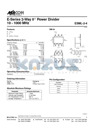 ESML-2-4TR datasheet - E-Series 2-Way 0 Power Divider 10 - 1000 MHz