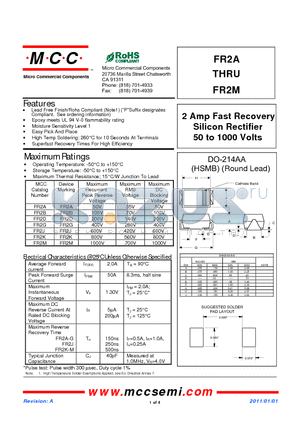 FR2A datasheet - 2 Amp Fast Recovery Silicon Rectifier 50 to 1000 Volts