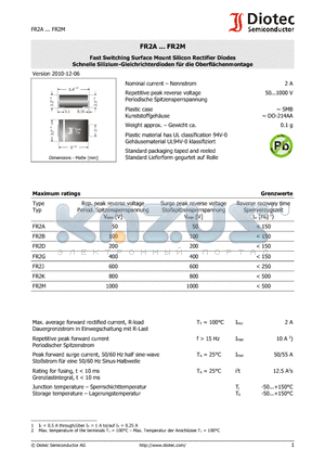 FR2A datasheet - Fast Switching Surface Mount Silicon Rectifier Diodes