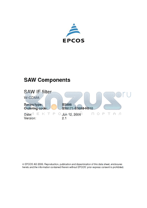 B3898 datasheet - SAW Components SAW IF filter 172.80 MHz