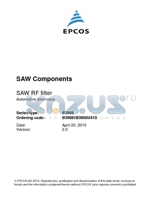 B3908 datasheet - SAW RF filter Automotive telematics