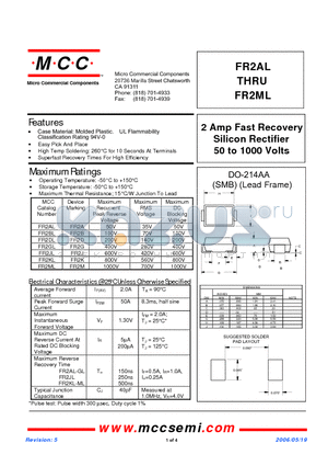 FR2AL datasheet - 2 Amp Fast Recovery Silicon Rectifier 50 to 1000 Volts