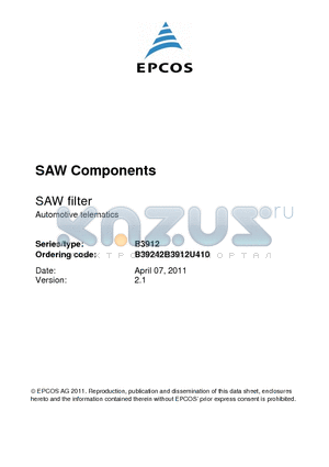 B3912 datasheet - SAW filter Automotive telematics