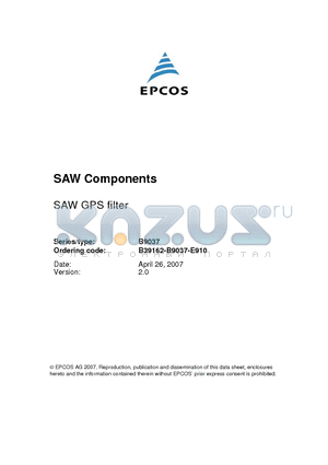 B39162-B9037-E910 datasheet - SAW GPS filter