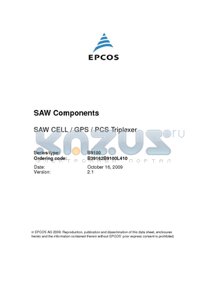 B39162B9100L410 datasheet - SAW CELL / GPS / PCS Triplexer