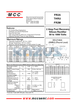FR2J datasheet - 2 Amp Fast Recovery Silicon Rectifier 50 to 1000 Volts