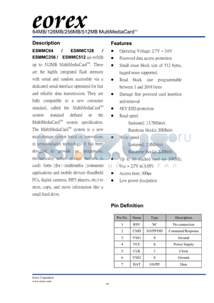 ESMMC512 datasheet - 64MB/128MB/256MB/512MB MultiMediaCard