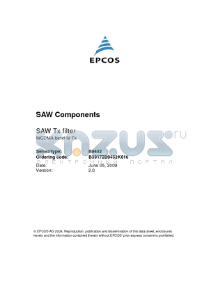 B39172B9452K610 datasheet - SAW Tx filter WCDMA band IV Tx