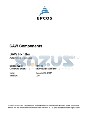 B39182B4306F210 datasheet - SAW Rx filter Automotive telematics