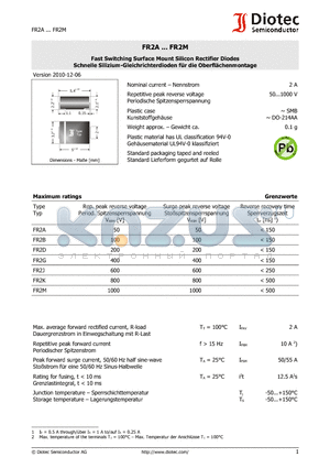 FR2M datasheet - Fast Switching Surface Mount Silicon Rectifier Diodes