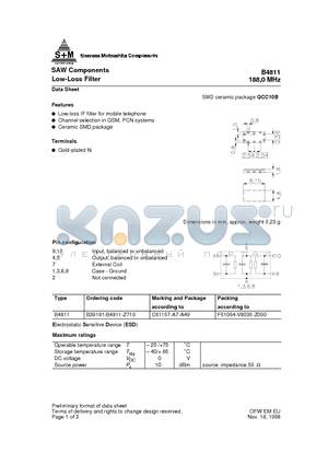 B39191-B4811-Z710 datasheet - SAW Components Low-Loss Filter 188,0 MHz