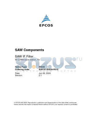 B39191-B5026-H510 datasheet - SAW Components Low-Loss Filter 190.00 MHz