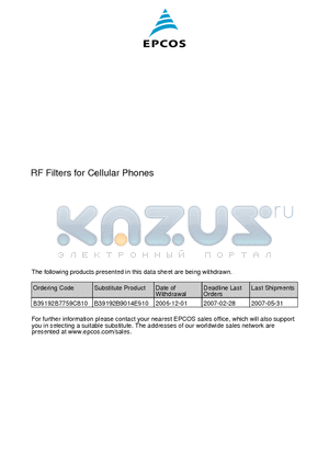 B39192-B7759-C810 datasheet - SAW Components Low-Loss Filter for Mobile Communication 1880,0 MHz