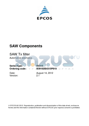 B39192B4315P810 datasheet - Low-loss RF filter for mobile telephone