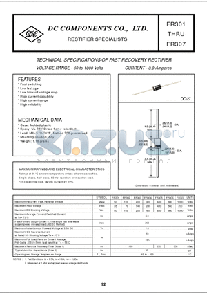 FR301 datasheet - TECHNICAL SPECIFICATIONS OF FAST RECOVERY RECTIFIER