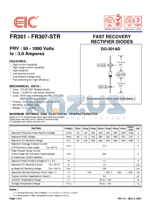 FR301 datasheet - FAST RECOVERY RECTIFIER DIODES