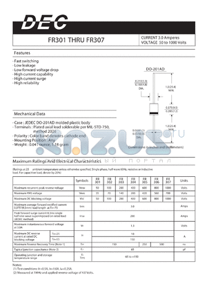 FR301 datasheet - CURRENT 3.0 Amperes VOLTAGE 50 to 1000 Volts