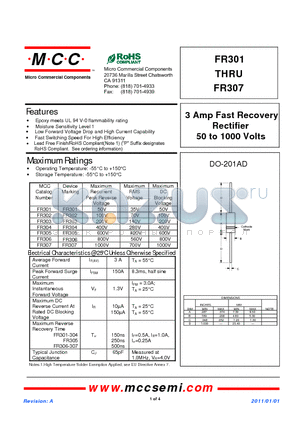 FR301 datasheet - 3 Amp Fast Recovery Rectifier 50 to 1000 Volts