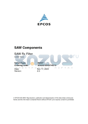 B39202-B9407-K610 datasheet - SAW Components Low-Loss Filter for Mobile Communication 1960.0 MHz