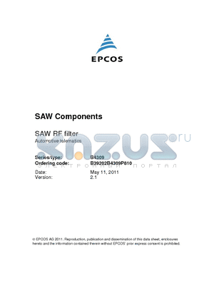 B39202B4309P810 datasheet - SAW RF filter Automotive telematics