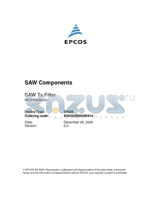 B39202B9409K610 datasheet - SAW Components Low-Loss Filter for Mobile Communication 1950.0 MHz