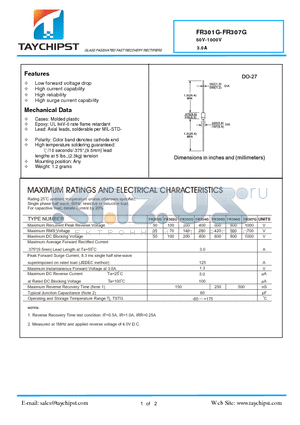FR301G datasheet - GLASS PASSIVATED FAST RECOVERY RECTIFIERS