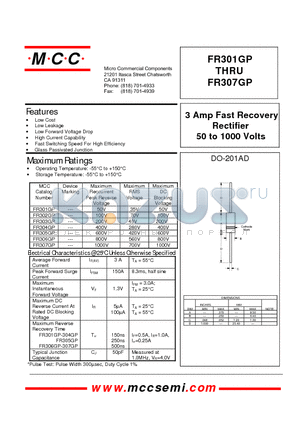 FR301GP datasheet - 3 Amp Fast Recovery Rectifier 50 to 1000 Volts