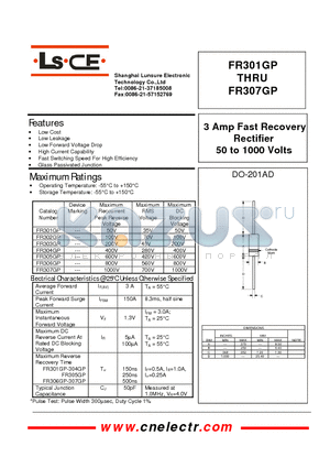 FR301GP datasheet - 3Amp Fast Recovery Rectifier 50 to 1000 volts