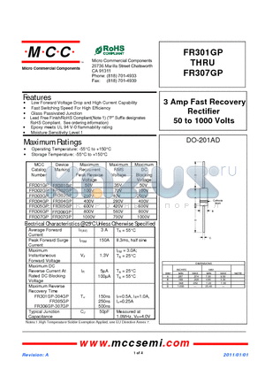 FR301GP datasheet - 3 Amp Fast Recovery Rectifier 50 to 1000 Volts