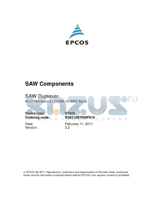 B39212B7959P810 datasheet - SAW Duplexer W-CDMA Band 4 / CDMA 1x AWS Band