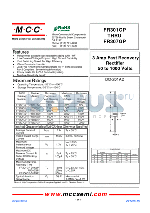 FR301GP datasheet - 3 Amp Fast Recovery Rectifier 50 to 1000 Volts
