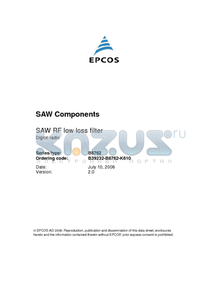 B39232-B8762-K610 datasheet - SAW RF low loss filter Digital radio